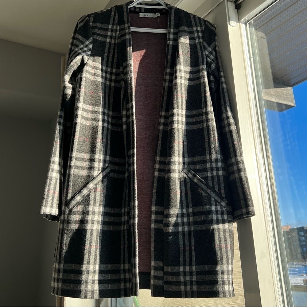 Rickis light dark gray plaid cardigan, Extra small, jacket, women, pocket